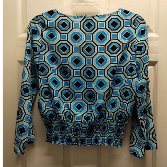 Michael Kors Women's Size Small Petite Blue Funky Retro Geometric Pattern Top - Picture 3 of 7